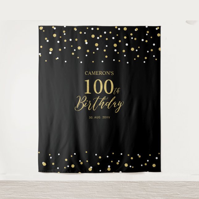 Hundred Gold & Black 100th Birthday Party Backdrop (Front)
