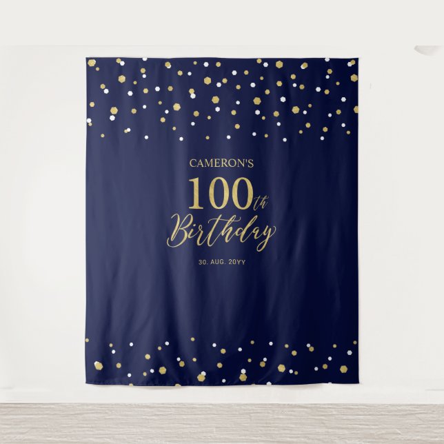 Hundred Gold & Navy 100th Birthday Party Backdrop (Front)