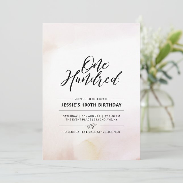Hundred | Minimal 100th Birthday Party Watercolor Invitation (Standing Front)