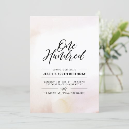 Hundred | Minimal 100th Birthday Party Watercolor Invitation