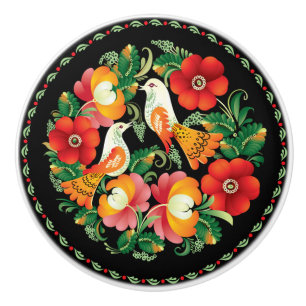 Hungarian Birds and Flowers Ceramic Knob