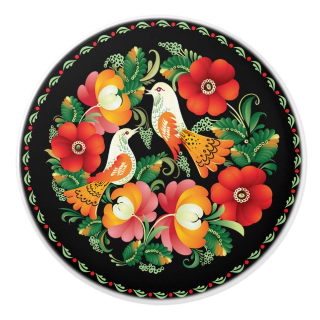 Hungarian Birds and Flowers Ceramic Knob (Front)
