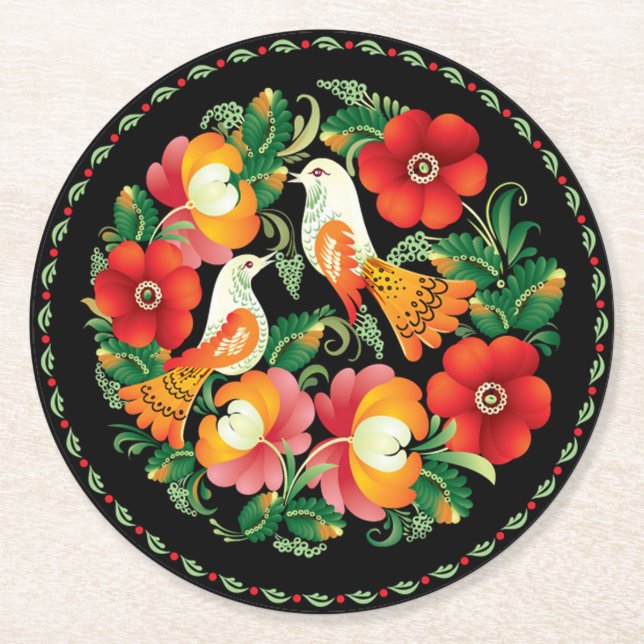 Hungarian Birds Round Paper Coaster (Front)