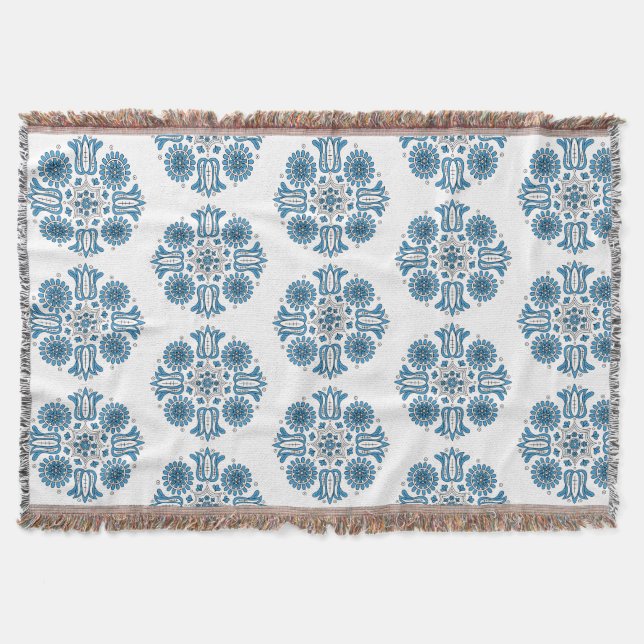 Hungarian Blue Folk Tulip Woven  Throw Blanket (Front)