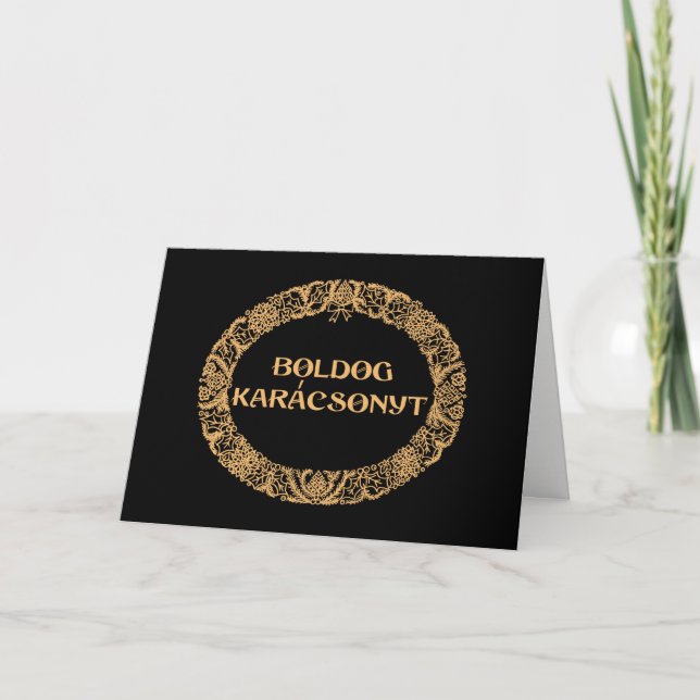 Hungarian Christmas Wreath Gold-effect, Black Holiday Card (Front)