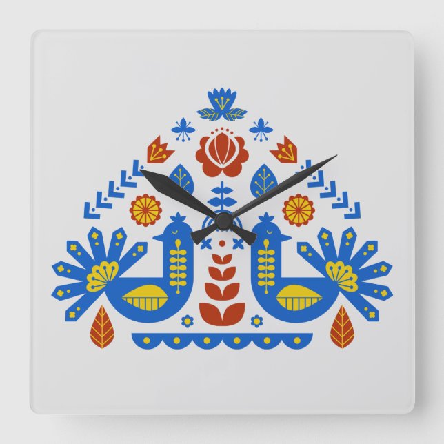 Hungarian Danish Peacock Floral Folklore Pattern Square Wall Clock (Front)