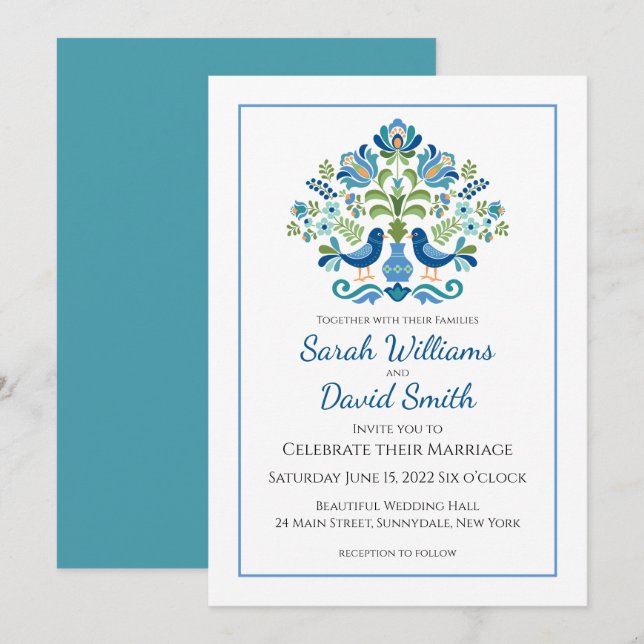 Hungarian Design Blue Birds Wedding Invitation (Front/Back)