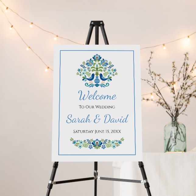 Hungarian Design Blue Birds Welcome Sign (In Situ (Stand))