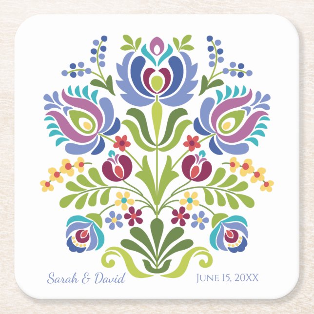 Hungarian Design Violet Floral Square Paper Coaster (Front)