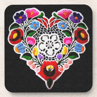 Hungarian Embroidery Heart on Black Beverage Coaster