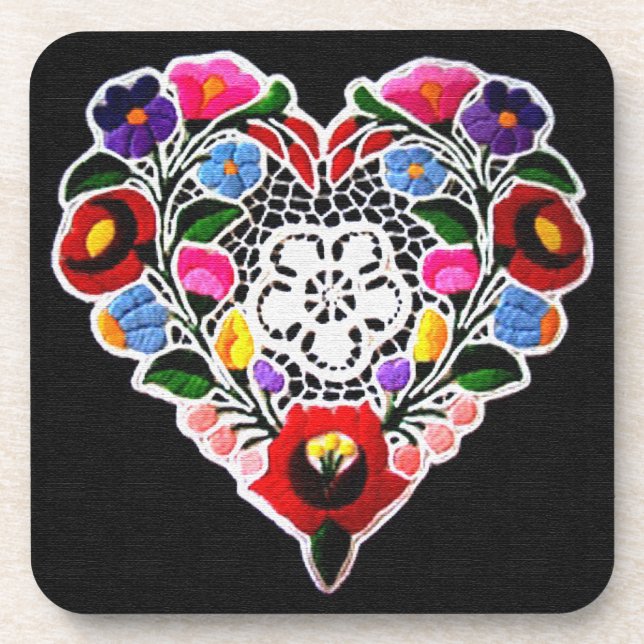 Hungarian Embroidery Heart on Black Beverage Coaster (Front)