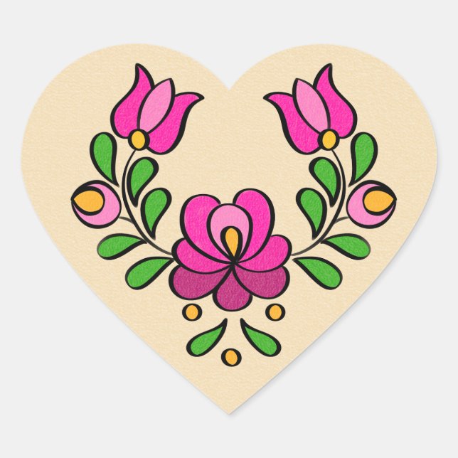 Hungarian Embroidery Pattern, "Matyó" - pink Heart Sticker (Front)