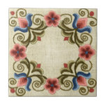 Hungarian Embroidery Square Tile<br><div class="desc">Colorful Hungarian embroidery on linen square. Vintage colors of moss green, red, pink, and blue primarily.</div>