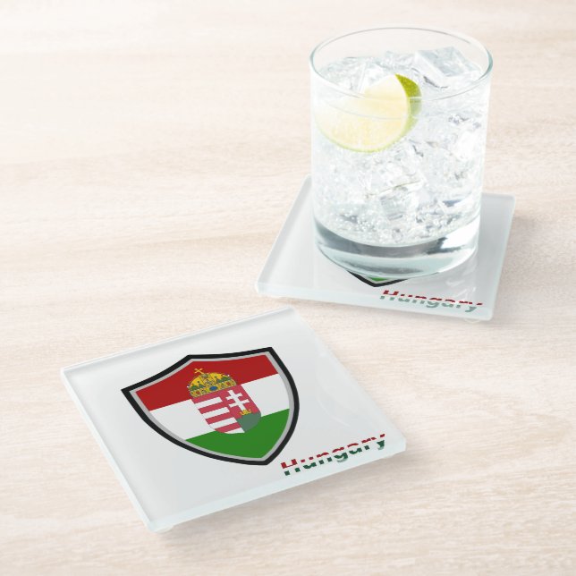 Hungarian flag-coat of arms glass coaster (Angled)