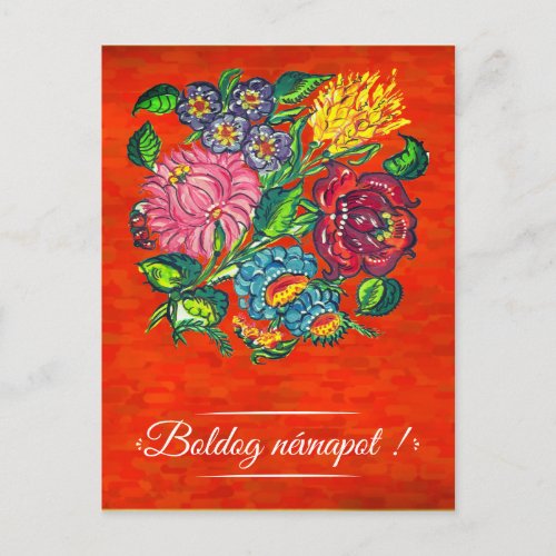 Hungarian floral  in red  _     Name Day Postcard