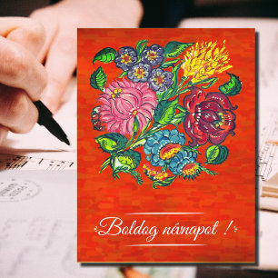 Hungarian floral  in red  -     Name Day Postcard