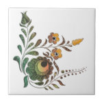 Hungarian Flower Decoration Ceramic Tile<br><div class="desc">Drawn and colored Hungarian corner flower decoration. Black line drawing with orange and green watercolor tint.</div>