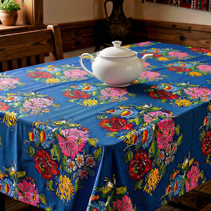 Hungarian flowers in deep blue tablecloth