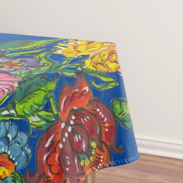 Hungarian flowers in deep blue tablecloth (In Situ)