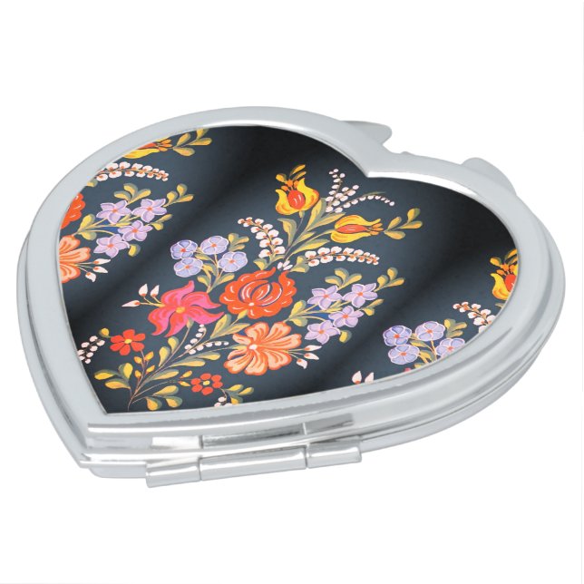 hungarian flowers -vibrant colors heart shape  compact mirror (Turned)