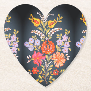 hungarian flowers -vibrant colors heart shape  paper coaster