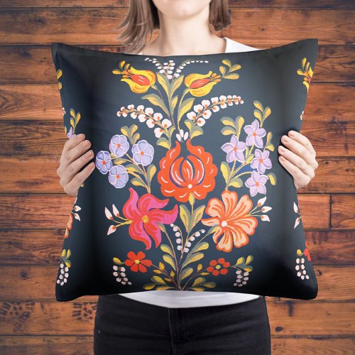 hungarian flowers _vibrant colors  throw pillow