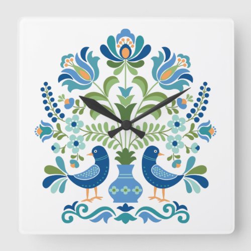 Hungarian Folk Design Birds Square Wall Clock