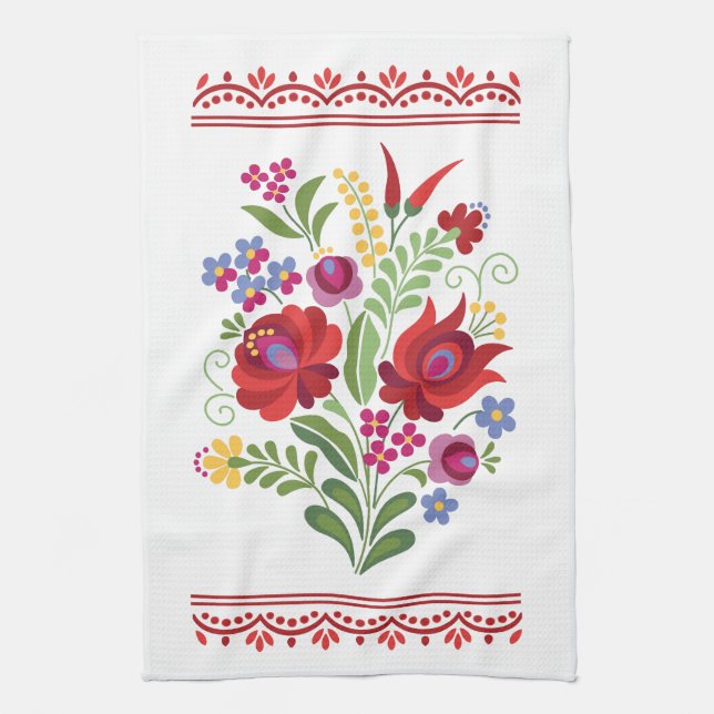 Hungarian Folk Design Red Peppers Kitchen Towel (Vertical)