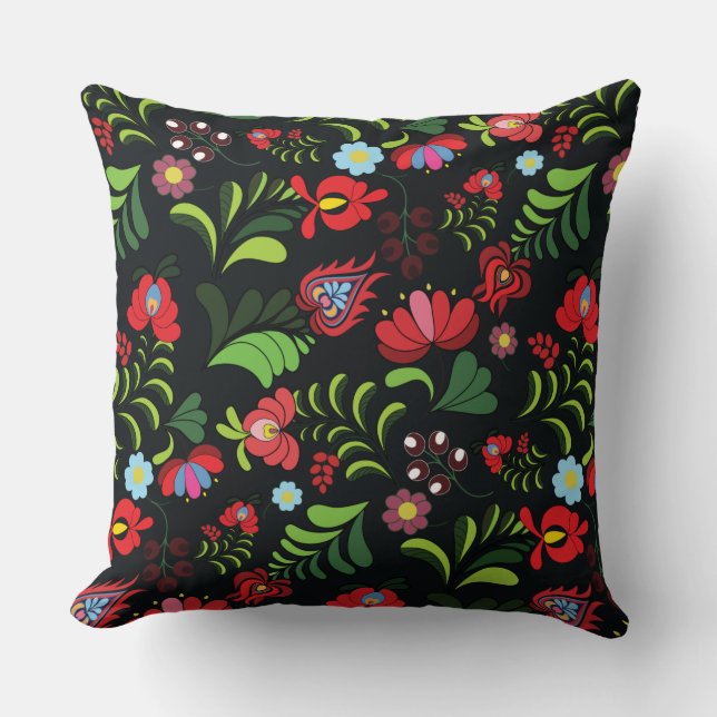 Hungarian Folk Flower Art Throw Pillow (Front)