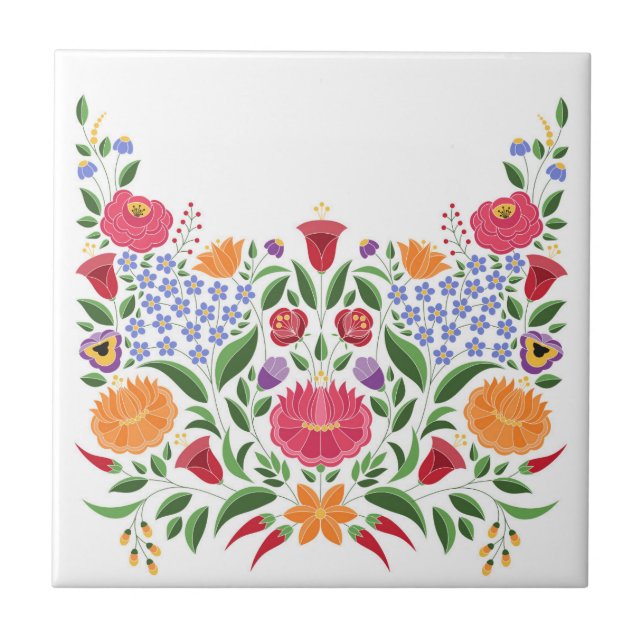 Hungarian folk pattern – Kalocsa embroidery flower Ceramic Tile (Front)