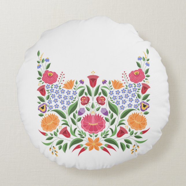 Hungarian folk pattern – Kalocsa embroidery flower Round Pillow (Back)