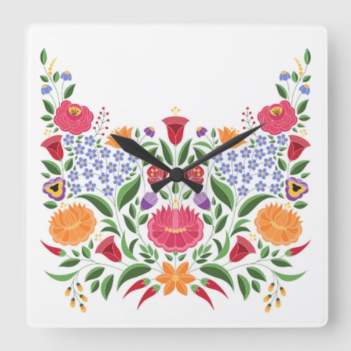 Hungarian folk pattern  Kalocsa embroidery flower Square Wall Clock