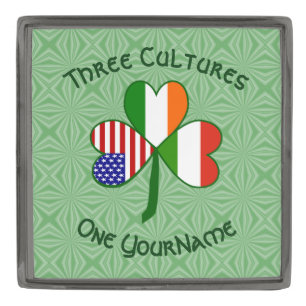 Hungarian Irish USA Flags Shamrock Personalized  Gunmetal Finish Lapel Pin