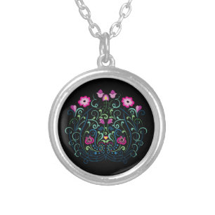 Hungarian Kalocsa Embroidery Pattern Silver Plated Necklace