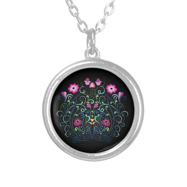 Hungarian Kalocsa Embroidery Pattern Silver Plated Necklace (Front)