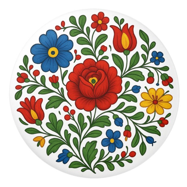 Hungarian Kalocsa Floral Folk Art Ceramic Knob (Front)