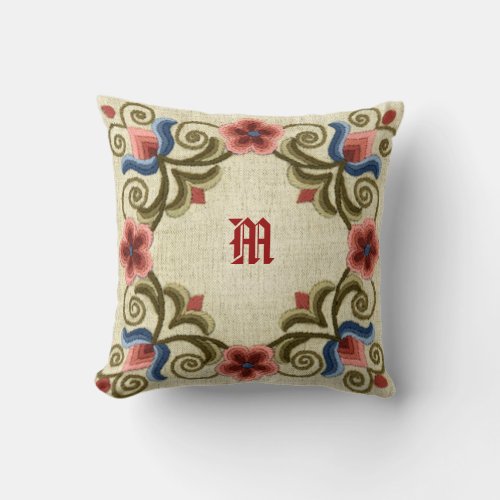 Hungarian Needlework Monogram Throw Pillow