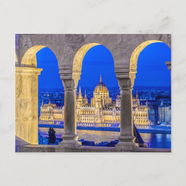 Hungarian Parliament Building at Dusk Postcard (Front)