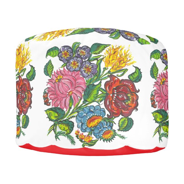 Hungarian rustic  flowers - round pouf  (Front)