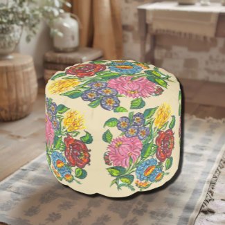 Hungarian rustic  flowers - round pouf no2