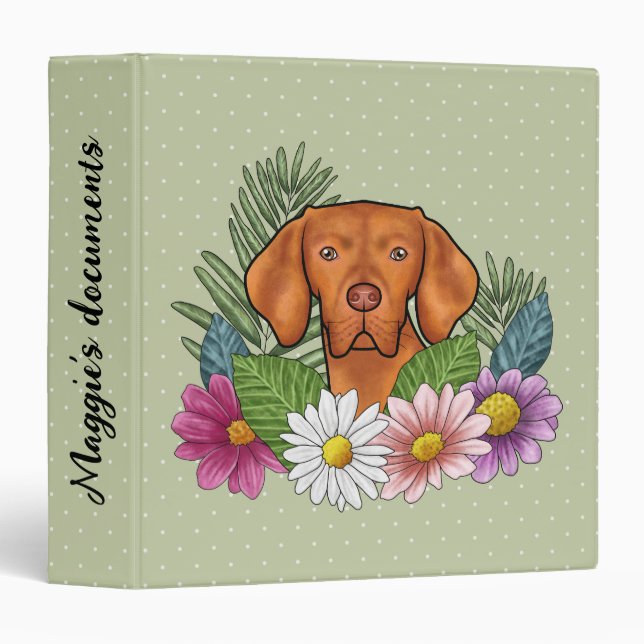 Hungarian Vizsla And Colorful Summer Flowers Green 3 Ring Binder (Front/Spine)