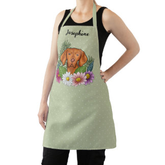 Hungarian Vizsla And Colorful Summer Flowers Green Apron