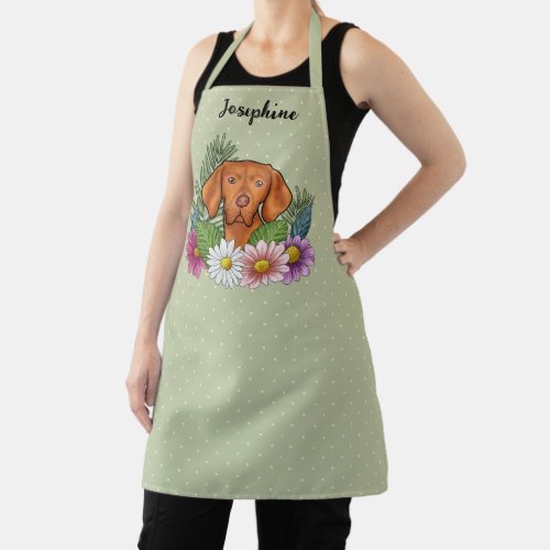 Hungarian Vizsla And Colorful Summer Flowers Green Apron