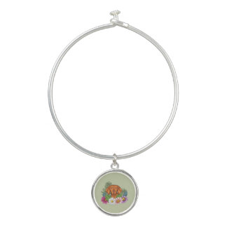 Hungarian Vizsla And Colorful Summer Flowers Green Bangle Bracelet