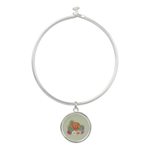 Hungarian Vizsla And Colorful Summer Flowers Green Bangle Bracelet