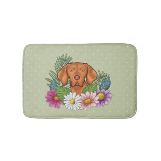 Hungarian Vizsla And Colorful Summer Flowers Green Bath Mat