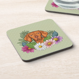 Hungarian Vizsla And Colorful Summer Flowers Green Beverage Coaster