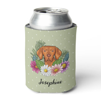 Hungarian Vizsla And Colorful Summer Flowers Green Can Cooler