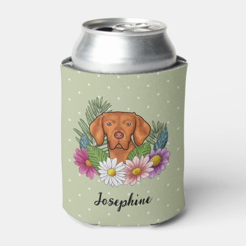 Hungarian Vizsla And Colorful Summer Flowers Green Can Cooler