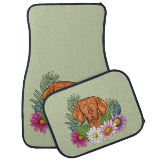 Hungarian Vizsla And Colorful Summer Flowers Green Car Floor Mat